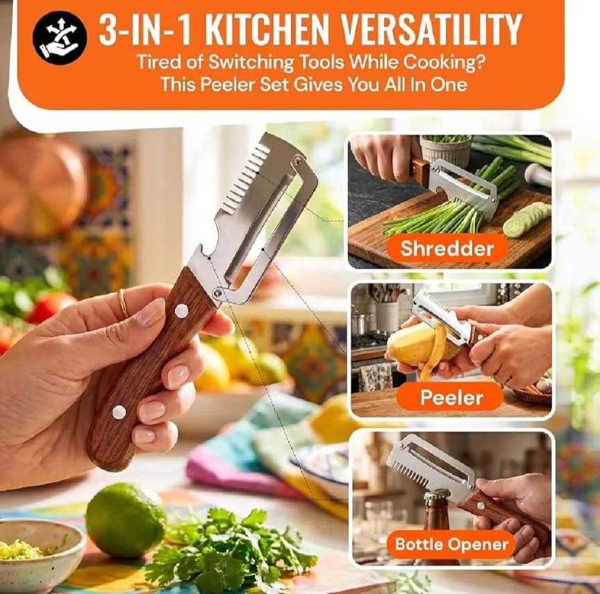 3 In 1 Stainless Steel Vegetable Peeler & Julienne Cutter with Wooden Handle | Fruit Peeler Potato Carrot Cucumber Slicer | Bottle Opener Kitchen Tool