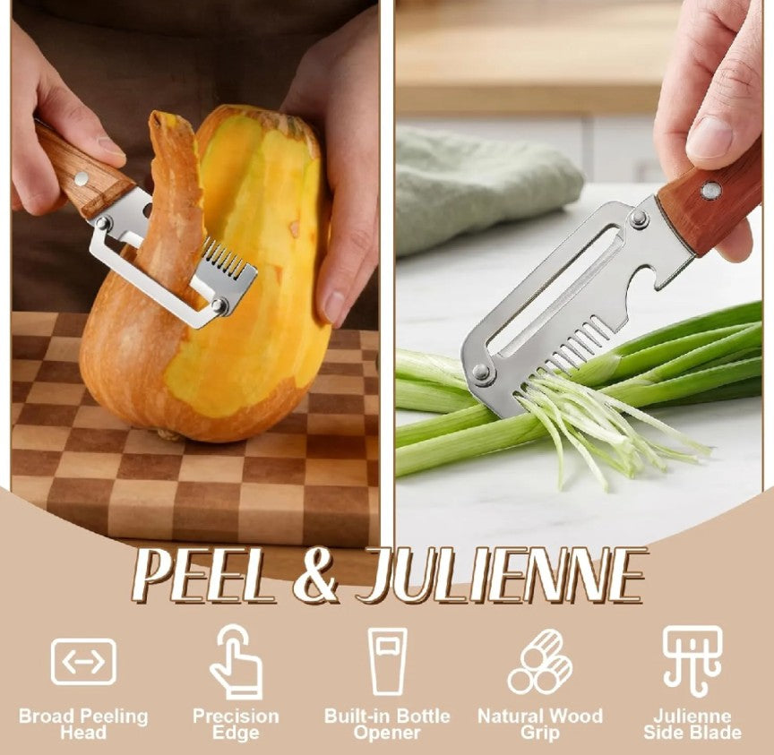 3 In 1 Stainless Steel Vegetable Peeler & Julienne Cutter with Wooden Handle | Fruit Peeler Potato Carrot Cucumber Slicer | Bottle Opener Kitchen Tool
